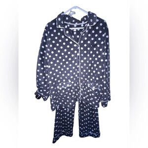DKNY Pajama Set Long Sleeve Button Up Pocket Pants Women’s Large Gray Polka Dot